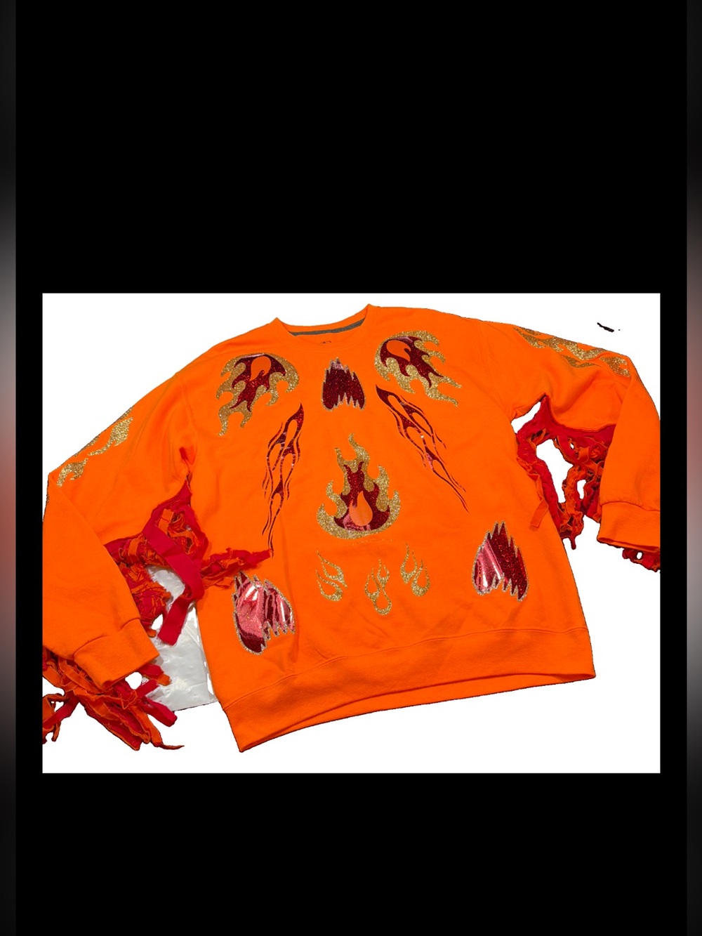 Fire Red Flames ORANGE Fringe Sleeves sweatshirt Costume Men M HOT GUY, Campfire
